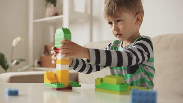 Child Playing with Colorful Building Plastic Blocks Constructor at Home alt