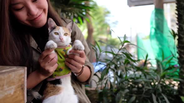 Slow motion of a young asian woman playing with a little cat