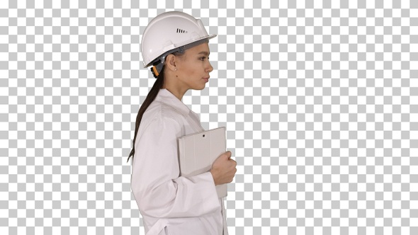 Attractive Hispanic Woman in White Lab Coat and White Safety alt