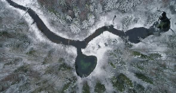 Beginning of the River From Spring Water Lakes in Winter Aerial View alt