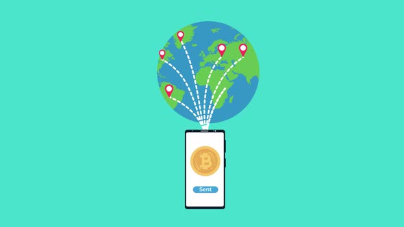 Sending bitcoin to anywhere with a mobile phone 4K animation