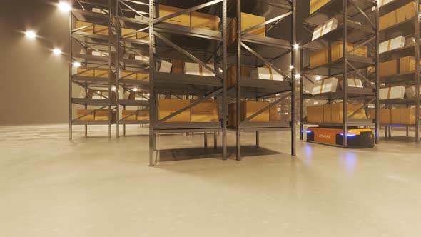 Warehouse industry autonomic robots carrying metal shelves with cardboard boxes.