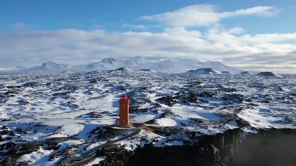 Snaefellsjokull National Park, View of Svörtuloft Lighthouse from above, slowement alt