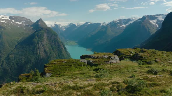 Magnificent Mountain Scenery In Klovane Overlooking Olden Lake - aerial ...