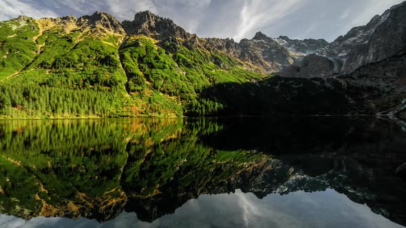 Time Lapse Reflection of Mountain Rysy in Lake Morskie Oko Tatra National Park