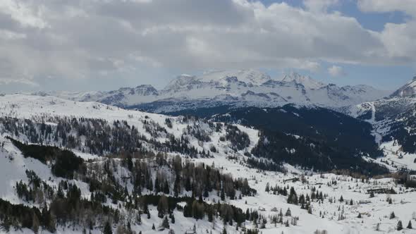 Aerial, Snowy Dolomites Mountains, Huge Peaks And Beautiful Winter Landscape