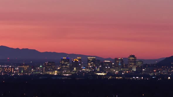 Sunset Zoom onto Downtown Salt Lake City, Utah