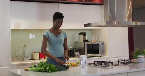 African american attractive woman chopping vegetables for smoothie in kitchen alt