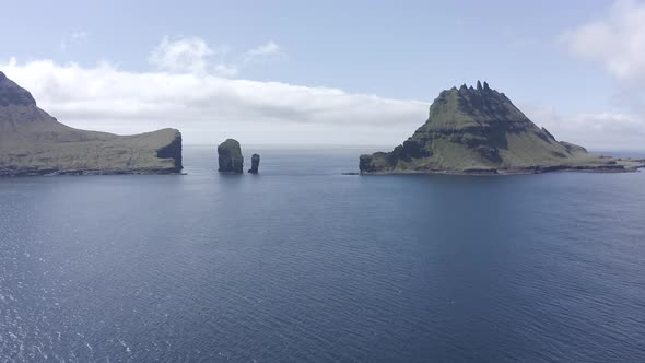 Aerial Drone View on Drangarnir Sea Stack in the Atlantic Ocean on the Faroe Islands