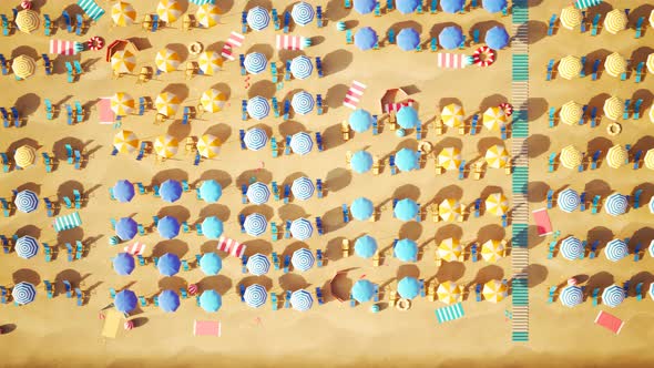 Sunny beach with rows of colorful umbrellas and sunbeds. Looping animation 4KHD alt