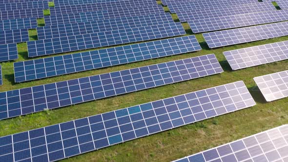 Flight Over a Field of Solar Panels in Sunny Summer Day alt