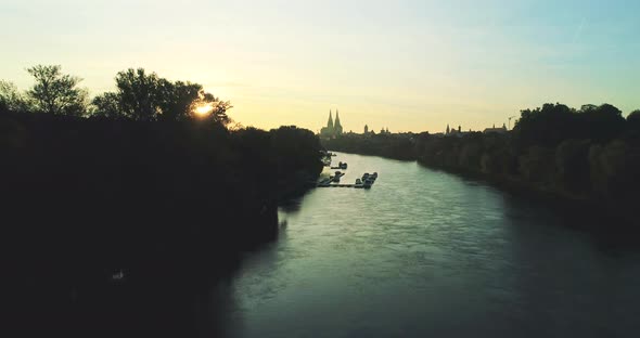 Drone shot of Regensburg and the old town in golden October