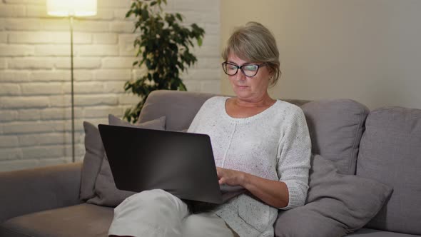 Pretty Middle Aged Woman Sitting On Sofa With Laptop On Lap And Working. Blonde With Glasses Looks alt