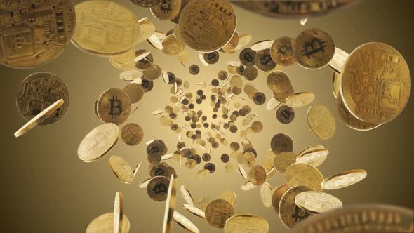 Animation of Bitcoin coins explosion on the background of radial yellow gradient alt