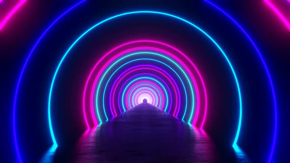 Looped Abstract Background of Flight in Iridescent Neon Circles Tunnel