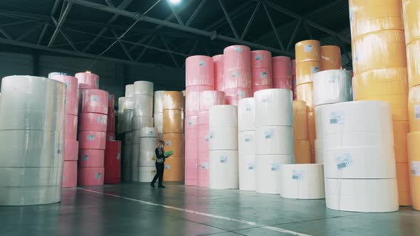 Female Specialist Observing a Large Warehouse Full of Paper Rolls alt