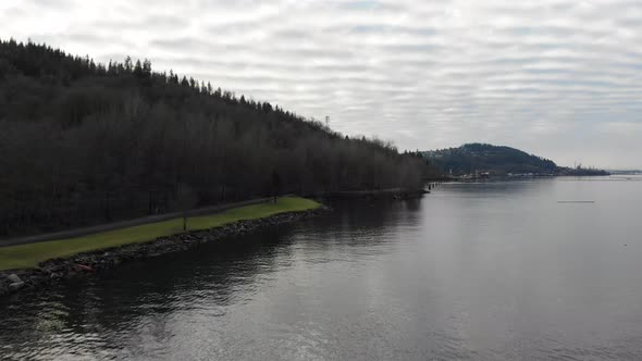 Various drone shots around Barnet Marine Park in Burnaby, British Columbia, Canada. Beautiful lush g alt