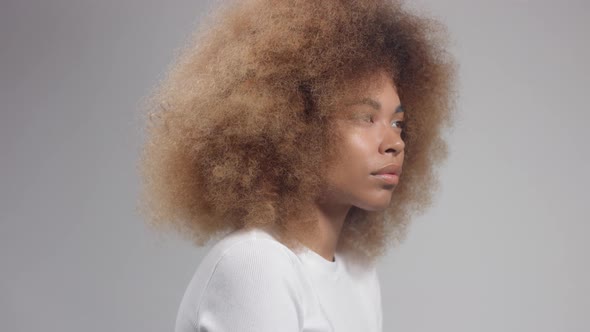 Closeup Portrait of Mixed Race Black Woman with Afro Hairstyle Poses