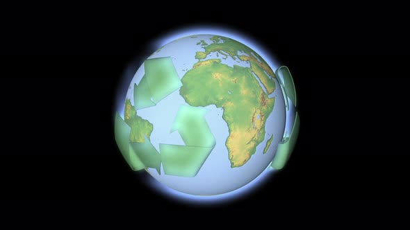 The symbol of waste recycling surrounds the planet earth. alt