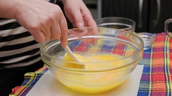 Senior Caucasian Woman Mixing Sweet Liquid Dough in the Bowl with White Plastic Spatula
