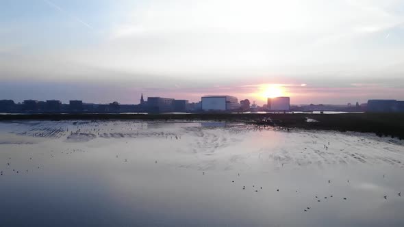 scenery sunrise behind buildings while birds are flying around during a slowmo pan shot with a drone alt