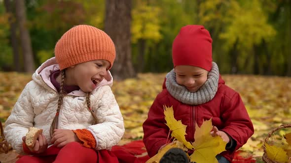 Little Happy Preschool Kid Siblings Friend Girl And Boy Smiling Have Fun Yellow Fallen Leaves In