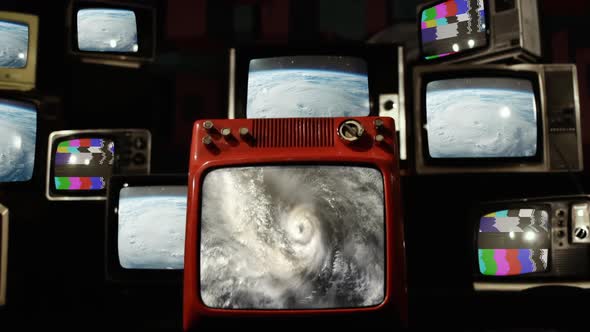 Satellite View, Hurricane in Space Seen From the ISS on Retro TVs. alt