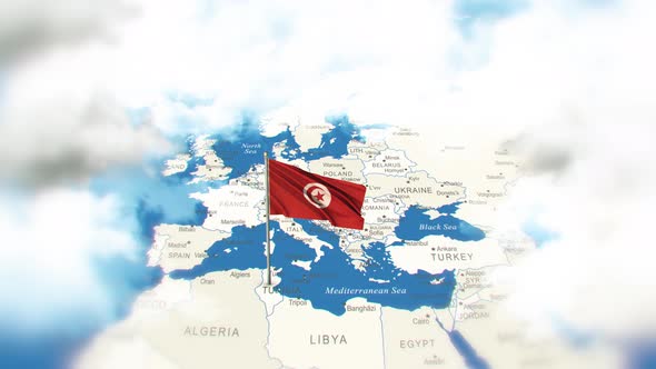Tunisia Map And Flag With Clouds