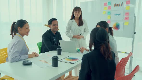 Businesswoman Proficiently Present Work Project Receive Celebrations From Team alt