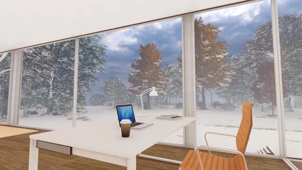 Modern Working Room With Nature View On The Snow