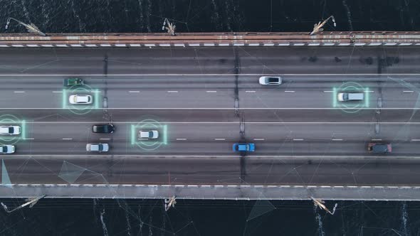 Self Driving Autonomous Car Speeding Through the Bridge with Technology Scanning alt
