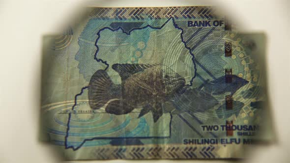 Two thousand Ugandan shillings and a magnifying glass. alt