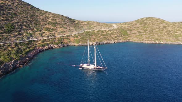 Aerial View of a Yaht Moored Near Spinalonga Island, Crete, Greece