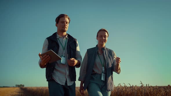 Agriculture Engineers Walking Field in Golden Sunlight alt