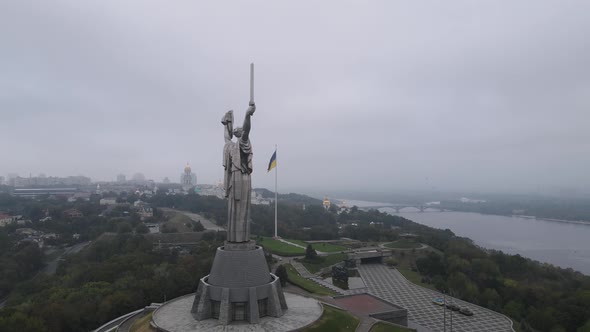 Symbol of Kyiv, Ukraine: Motherland Monument. Aerial View, Slow Motion. Kiev alt