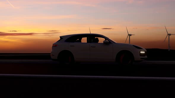 White Sports SUV and Sunset Landscape