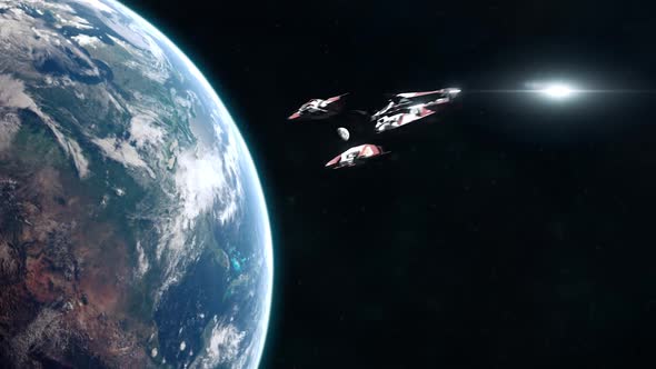 Sci-Fi Battleship Leaving Planet Earth and Heading into Outer Space