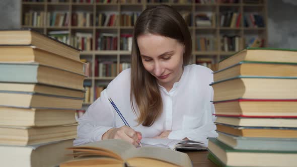 Female Student Sits at a Table in the Library Littered with Books alt