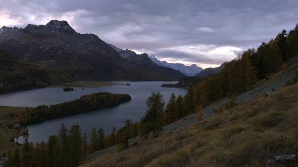 Aerial View on Autumn Lake Sils in Swiss Alps