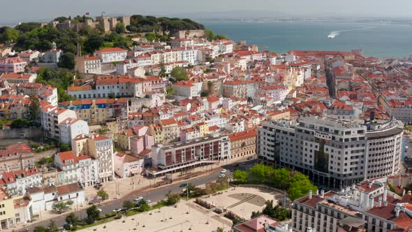 Aerial View Medieval Stone Saint George Castle on Hill Above Martim Moniz Square alt