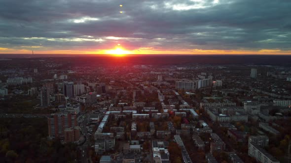 Kharkiv city center streets, aerial view at sunset