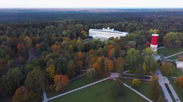 Kemeri Water Tower With Latvian Flag in the Kemeri Resort Park in Jurmala, Latvia. Beautiful White N alt