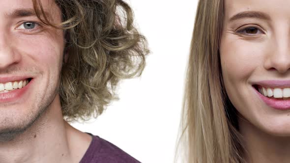 Closeup Portrait Blond Man and Woman Half Face Start Smiling and Looking at Camera with Satisfied