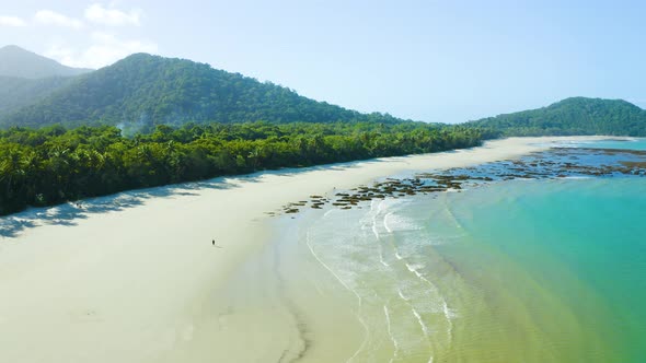 Aerial, Gorgeous Sand Beach And Rain Forest  At Cape Tribulation In Queensland, North Australia