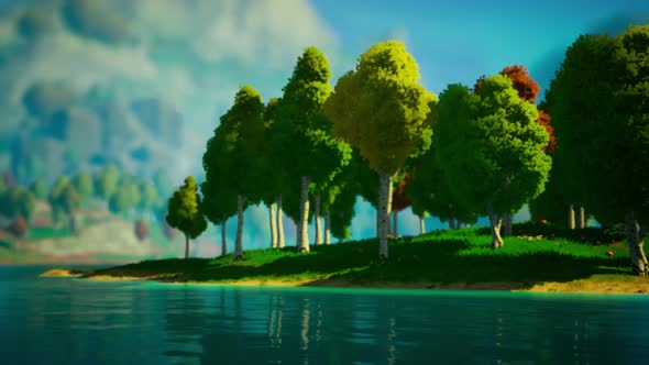 Cartoon Green Forest Landscape with Trees and Lake alt