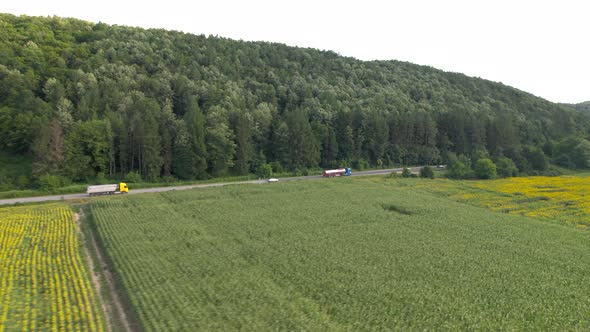 Aerial View of Country Road with Truck and Cars Near an Agricultural Sunflower Field alt
