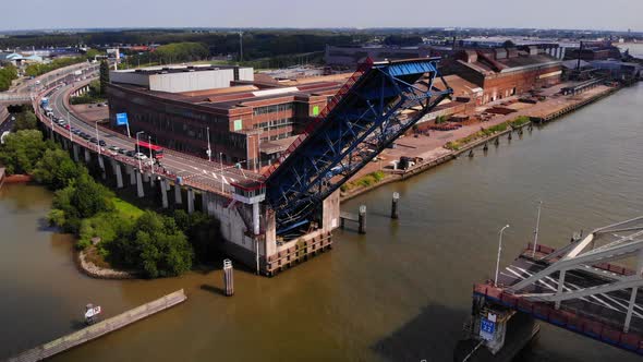 Bridge Over The River Noord At Alblasserdam Is Opening In The Netherlands - aerial view alt