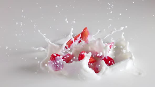 Several Pieces of Strawberries Falls With Splashes Into the Milk