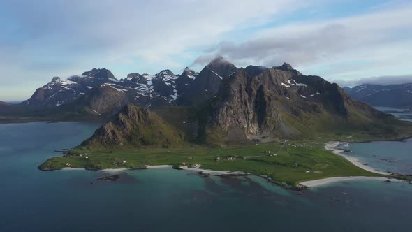 Flight above the sea and view on Flakstad and Skagsanden beach,Lofoten Islands