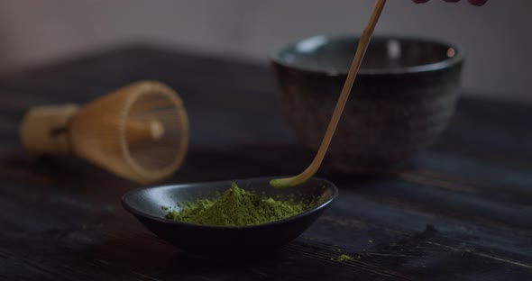 Traditional Bamboo Spoon with Matcha Closeup. Matcha Organic Green Tea. Matcha Tea Ceremony. Matcha